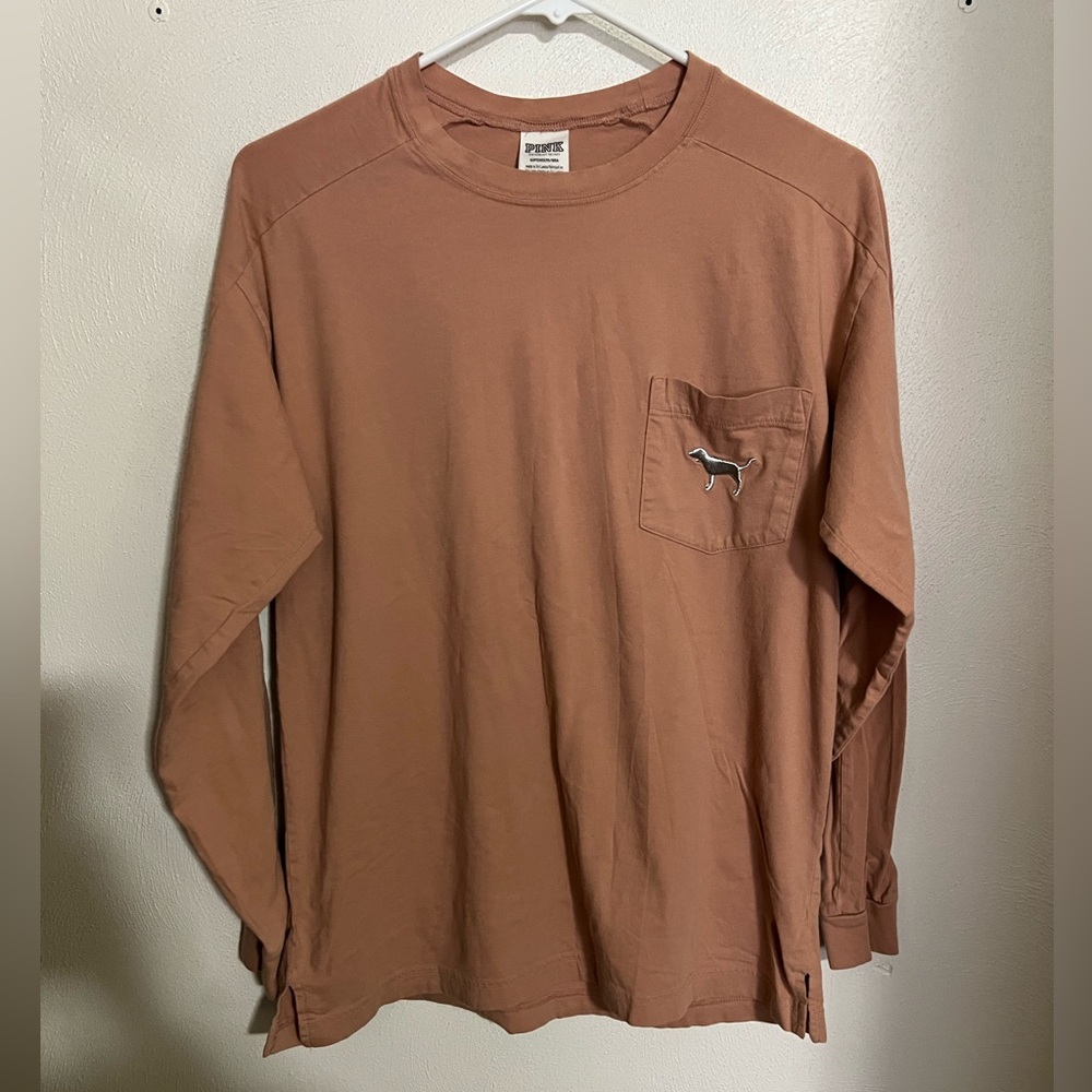 PINK VICTORIA'S SECRET Long Sleeve Campus T Shirt Tan Silver Sequins Logo Wms S‎